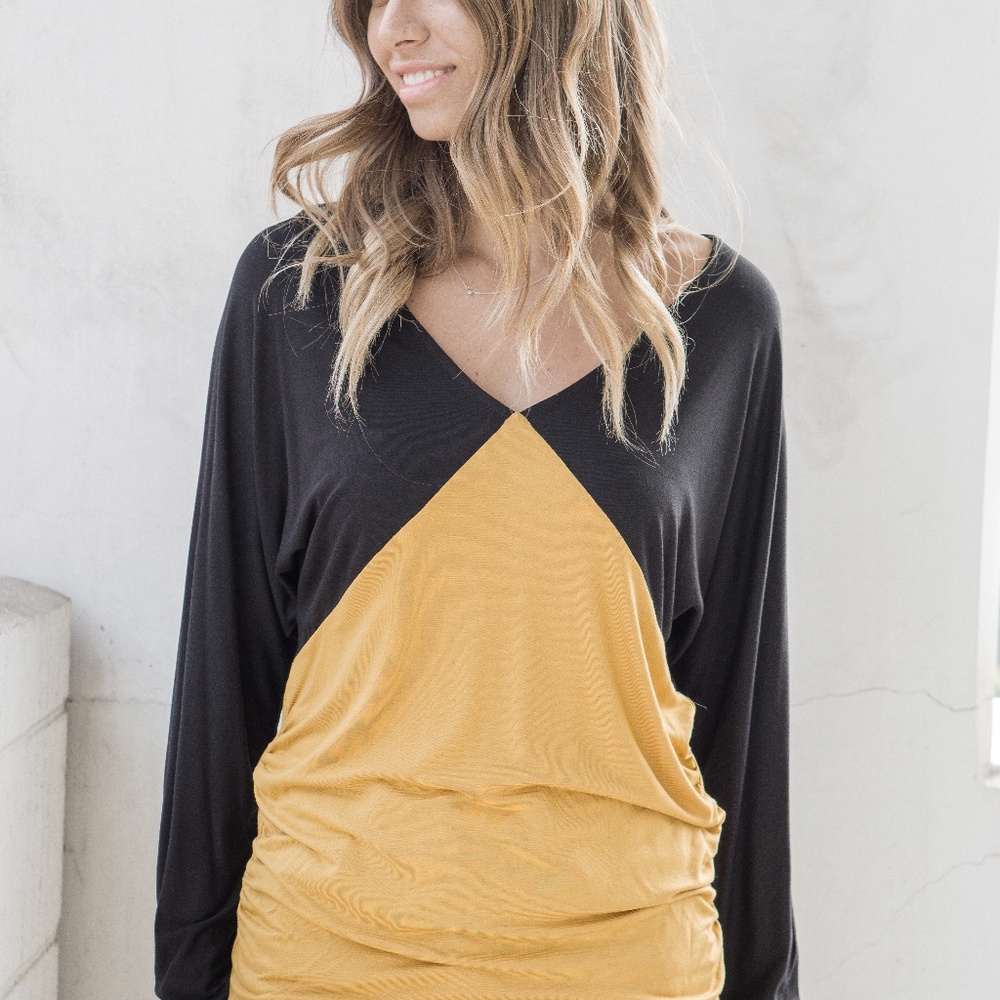 Black & Mustard Contrast Side-Ruched Dolman Top